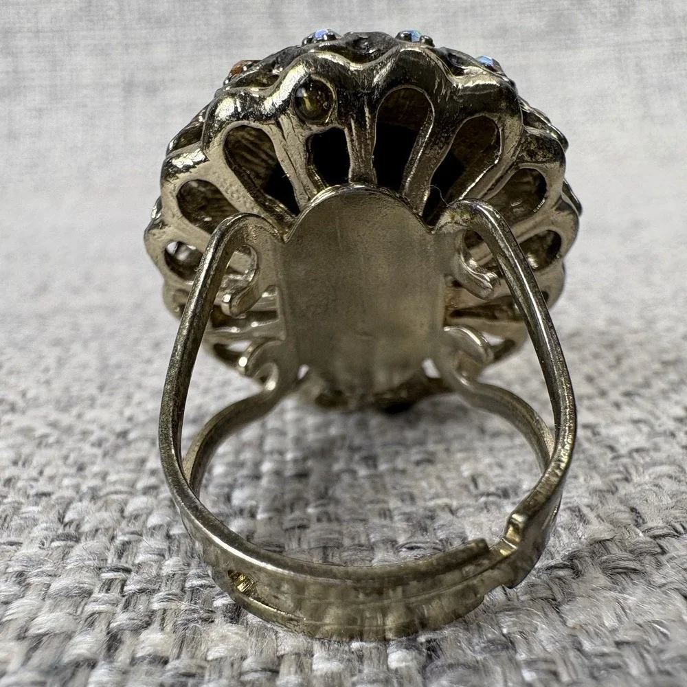 Vintage Style Large Yellow Glass Statement Ring AB Rhinestones Antique Gold Tone